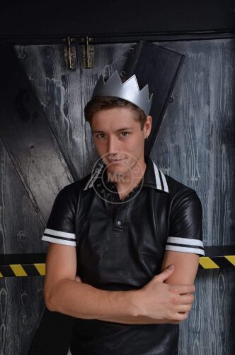 Black leather polo white stripes
